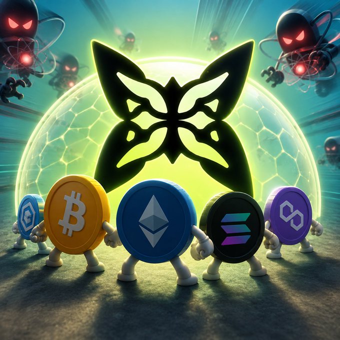 The image features five cartoon characters standing next to each other with a butterfly graphic in the center of the frame. The characters are dressed in various outfits, including a blue suit, yellow suit, purple suit, green suit, and orange suit. They appear to be posing for a photo or participating in an event related to cryptocurrency.

The butterfly graphic is positioned at the top right corner of the image, surrounded by the cartoon characters. The text "GM Legends" can also be seen near the bottom left corner of the image.