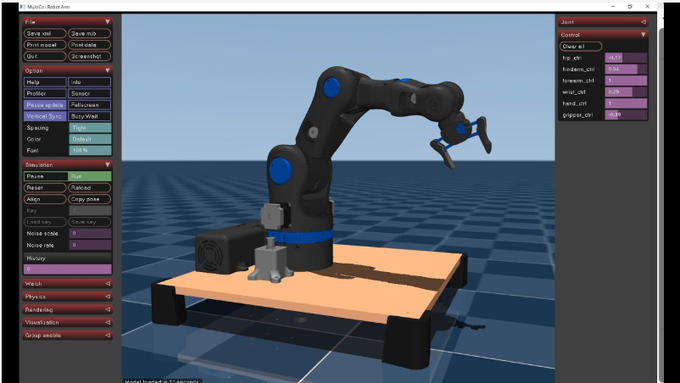 A 3D simulation software interface displaying a black and blue robotic arm mounted on a wooden platform with various control panels for joint manipulation and physics settings.