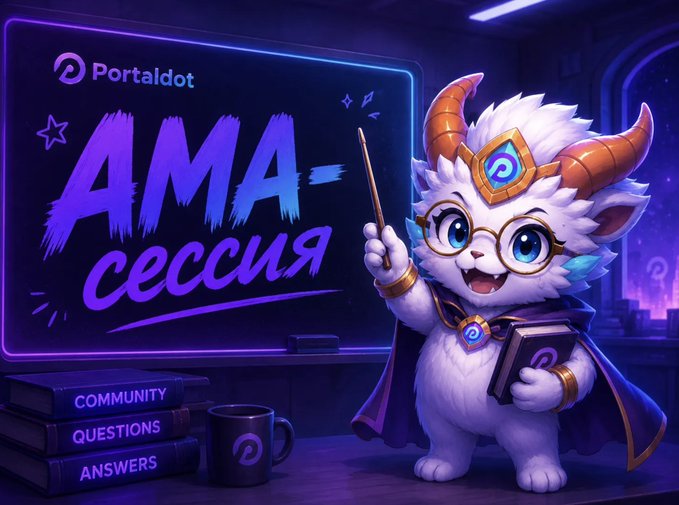 A promotional image for "Portaldot" featuring a purple and white furry mascot character with horns and glasses, standing next to a neon sign that reads "AMA-сессия".