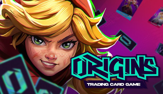 A promotional image for the 'Origins Trading Card Game' featuring a blonde female character with green eyes, with the game's logo in teal and purple.