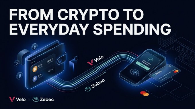 A promotional graphic reading 'FROM CRYPTO TO EVERYDAY SPENDING' featuring the Velo and Zebec logos, showing digital wallets and a payment card connected by a glowing pathway.