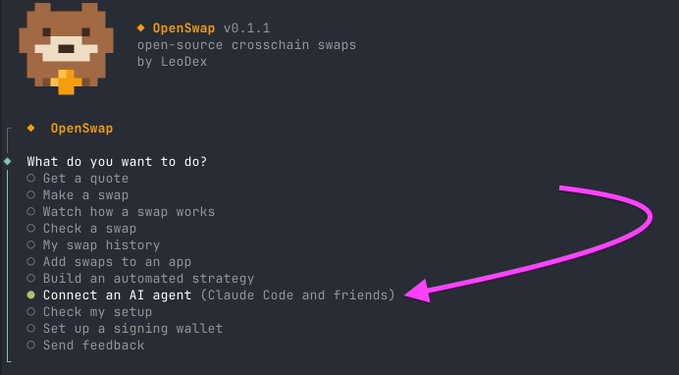 A menu interface for OpenSwap v0.1.1 by LeoDex with options including 'Get a quote', 'Make a swap', and 'Connect an AI agent (Claude Code and friends)' highlighted with a pink arrow.