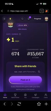 A mobile screenshot of the Zapp Airdrop page showing a user's Progress page with 2,930 Zapp Earned, a leaderboard rank of #15,667 out of 113,589, and a 'Post on X' button to earn an extra 20% boost.