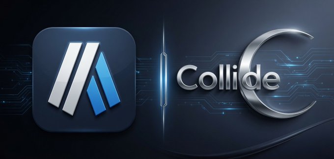 A dark tech-themed banner showing a blue and white triangular app logo on the left and the word 'Collide' in metallic silver text on the right.