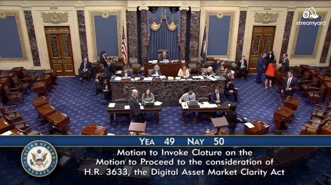Screenshot from a U.S. Senate floor showing a vote tally of "YEA 49 NAY 50" on the "Motion to Invoke Cloture on the Motion to Proceed to the consideration of H.R. 3633, the Digital Asset Market Clarity Act", displayed by StreamYard.
