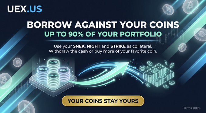 A promotional banner for UEX.US advertising their "Borrow Against Your Coins" feature, allowing users to use $SNEK, $NIGHT, and $STRIKE as collateral to borrow up to 90% of their portfolio value, with the tagline "Your Coins Stay Yours" emphasizing that collateral remains with the user.
