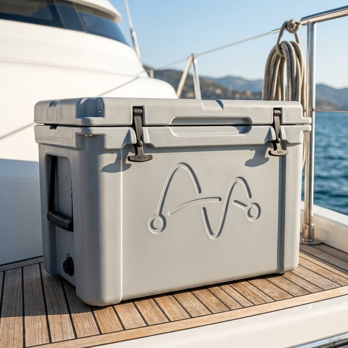 A gray cooler with an embossed heartbeat design sits on the wooden deck of a boat with the sea and mountains in the background.