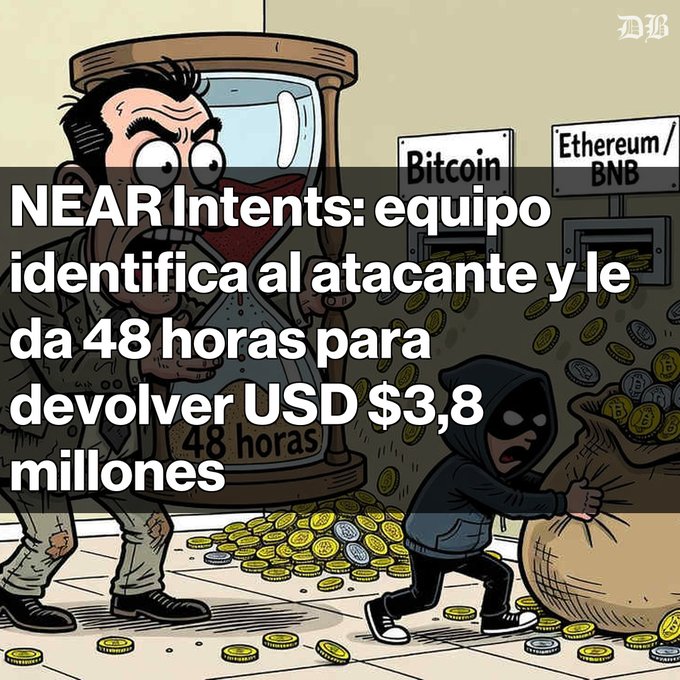 A cartoon illustration showing a hooded thief stealing a bag of Bitcoin and Ethereum/BNB coins, with Spanish text: 'NEAR Intents: equipo identifica al atacante y le da 48 horas para devolver USD $3,8 millones'.