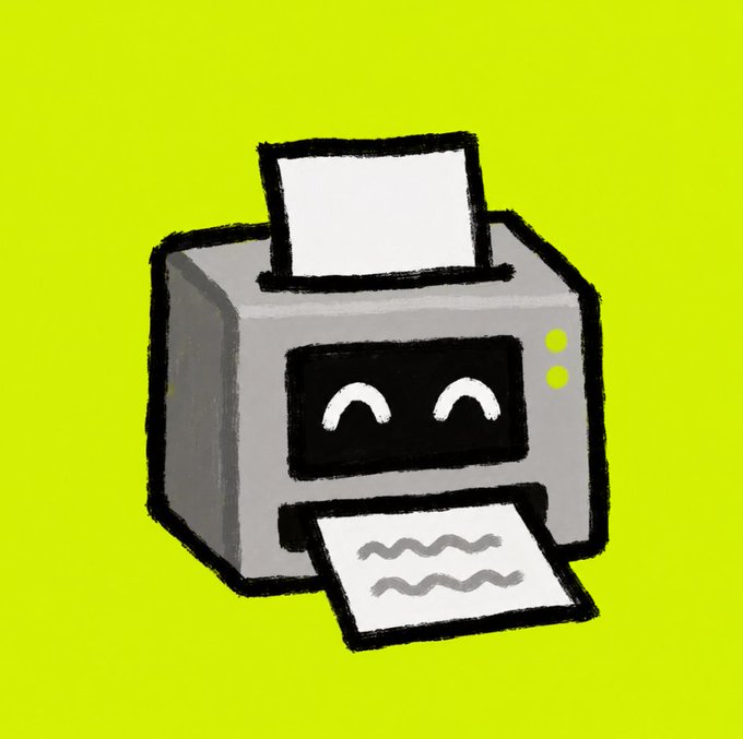 A cartoon-style printer with a happy face and a printed page emerging from it, set against a bright yellow background, serving as the official logo for the PRINTER.FUN brand. The friendly, smiling design reflects the playful and fun identity of the ecosystem, with the printed paper symbolizing output and creativity.