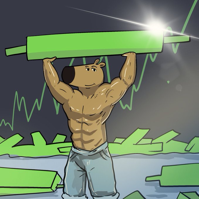 An illustration of a muscular cartoon bear flexing while holding up a large green bar with a stock chart line trending upward in the background.