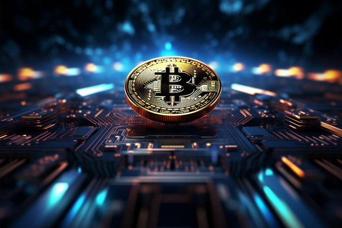 A gold Bitcoin coin rests on a stylized circuit board illuminated with bright blue and orange lights.