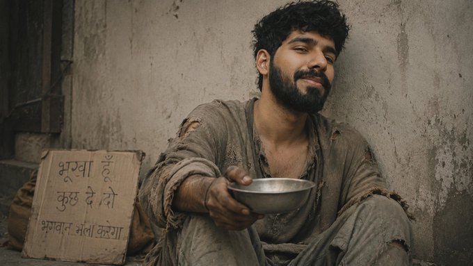 A bearded man in tattered clothing sits holding an empty metal bowl, smiling, with a handwritten sign beside him in Hindi reading 'भूखा हूँ कुछ दे दो भगवान मेरी कसम' (I am hungry, please give something, I swear to God).