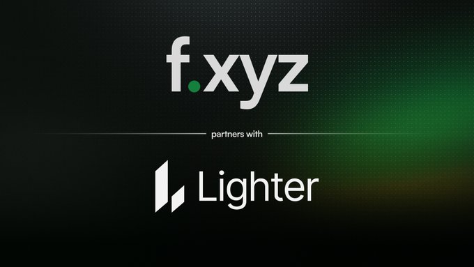 A promotional graphic displays the logos for 'f.xyz' and 'Lighter' on a dark background with a green light effect, with 'partners with' written between them.