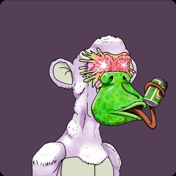 A cartoon illustration features a white ape with a frog face, pink star-shaped sunglasses, and a green pipe emerging from its mouth, set against a purple background.