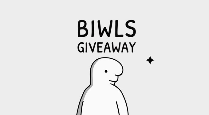 Minimalist illustration featuring a simple line-drawn character with 'BIWLS GIVEAWAY' text and a small sparkle accent on a white background.