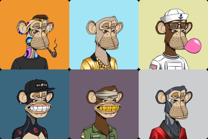 A grid of six cartoon Bored Ape-style characters with different traits, including a sailor, a sailor with bubblegum, a 'BAYC' cap, a soldier, and a cyborg.