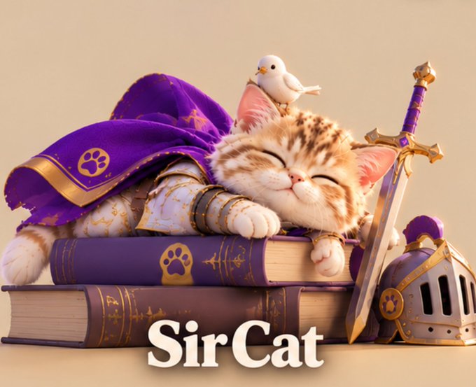 A 3D-rendered illustration of a sleeping orange and white kitten wearing armor and a purple cape, resting on a stack of books with a sword, dove, and helmet nearby, labeled 'SirCat'.
