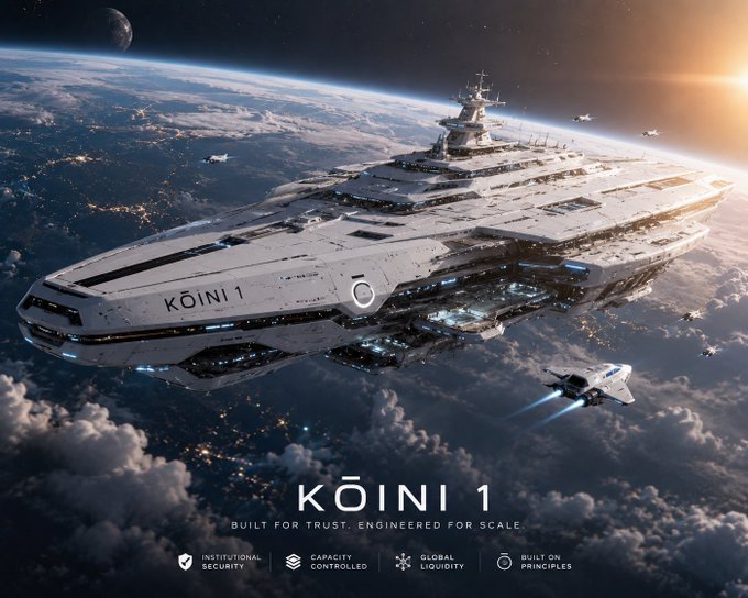 A sci-fi illustration of a massive white spaceship labeled 'KŌINI 1' orbiting Earth above the clouds, with the tagline 'BUILT FOR TRUST. ENGINEERED FOR SCALE' and smaller text noting 'INSTITUTIONAL SECURITY', 'CAPACITY CONTROLLED', 'GLOBAL LIQUIDITY', and 'BUILT ON PRINCIPLES'.