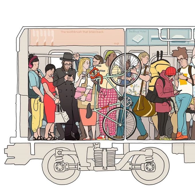 A cross-section illustration of a crowded subway car showing diverse passengers including one holding a bicycle, with advertisements visible above the windows.