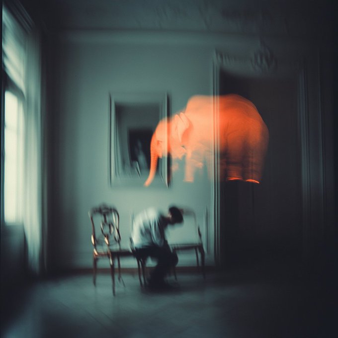 A surreal, motion-blurred image showing a ghostly figure sitting on a chair in a dim room with a glowing red elephant floating beside them.