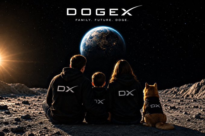 The image features a family of four, including two adults and two children, sitting together with their dog on a rocky surface. The backdrop of the scene is a planet or moon, which appears to be Earth-like in appearance. The caption for this image reads "GM $DOGE fam Sundays are for family fun $SPCX".