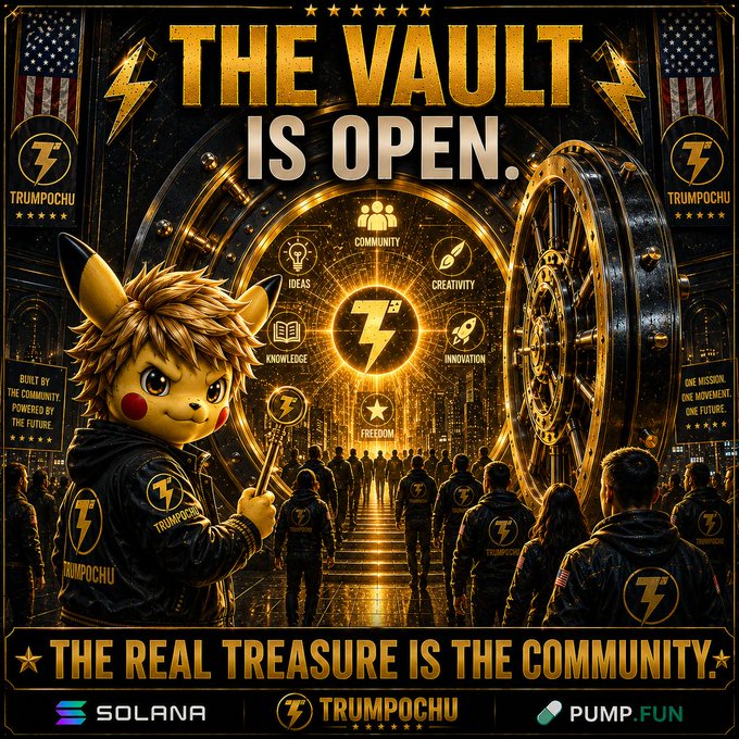 A glowing golden vault opens to reveal a Pikachu-style character in a "TRUMPOCHU" hoodie standing before a crowd of community members, with bold text declaring "THE VAULT IS OPEN" and "THE REAL TREASURE IS THE COMMUNITY," alongside Solana and Pump.fun logos. The image visually reinforces the post's message that true value lies not in secrecy but in the people who build and protect a crypto community together.