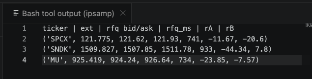 The image shows a bash tool output displaying ticker data for "SPCK," "SNDK," and "MU," each with numerical spread values (e.g., bid/ask quotes and difference metrics like 121.775, 121.62, 121.93 for SPCK). This relates to the post as evidence of the user's custom tracker logging arbitrage spread data in real time between order books and RFQ quotes.