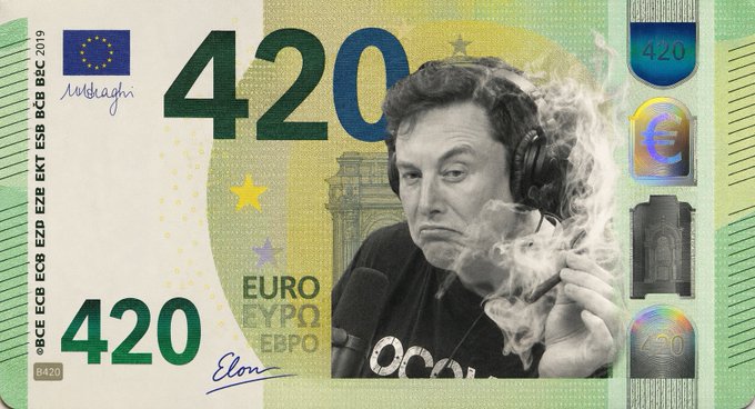 A meme depicting a 420 Euro banknote featuring Elon Musk smoking, with the number "420" replacing the standard currency value.