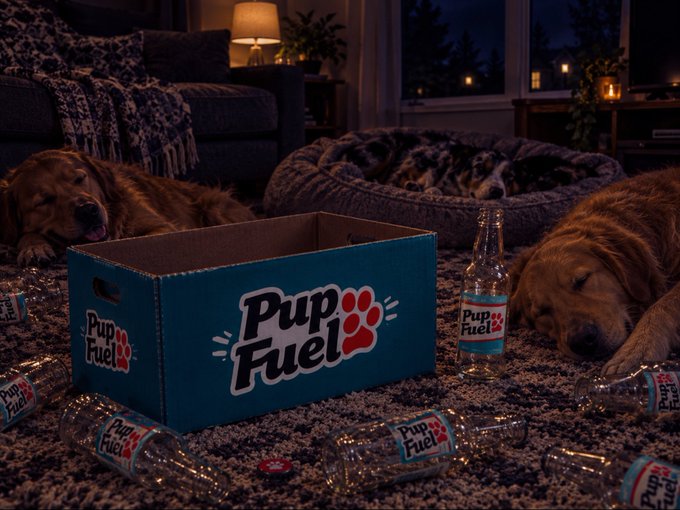 A dimly lit living room scene featuring golden retrievers resting on a carpet among scattered glass bottles and an empty blue cardboard box, all labeled 'Pup Fuel' with a red paw print logo.