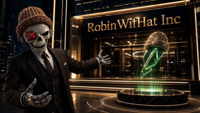 A futuristic digital artwork showing a skull-faced character in a suit and beanie standing before a building labeled 'RobinWifiHat Inc', with a glowing green Robinhood logo hovering above a pedestal.
