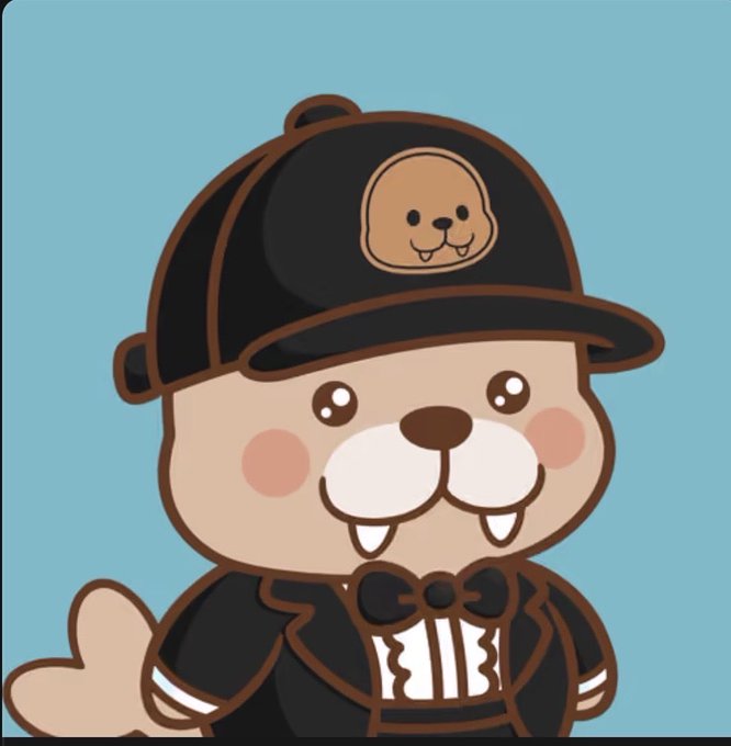 A cartoon beaver character wearing a black baseball cap with a bear face logo and a tuxedo with a bow tie.