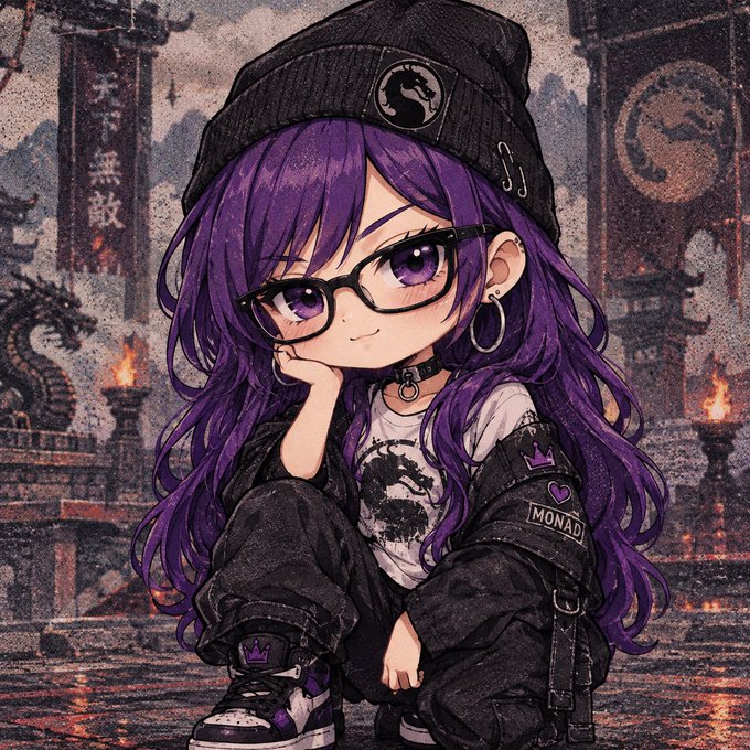 A chibi-style anime illustration of a purple-haired girl wearing glasses, a black beanie, and a black jacket with 'MONAD' patches, sitting in front of an Asian temple setting.