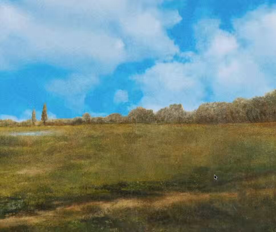 The image features a painting of a field with two trees, one closer to the viewer and another further away. The sky above the field has clouds, adding depth to the scene. The painting appears to be done in oil paint, giving it an artistic quality. The artist's signature is visible at the bottom right corner of the artwork.