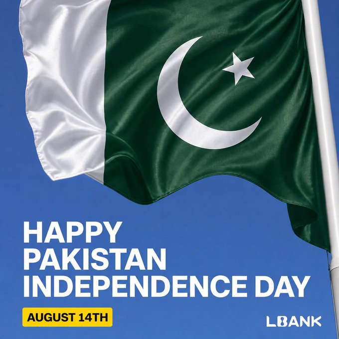A graphic celebrating Pakistan Independence Day with the country's green and white flag featuring the crescent and star, alongside text reading 'HAPPY PAKISTAN INDEPENDENCE DAY' and 'AUGUST 14TH' with an 'LBANK' logo.