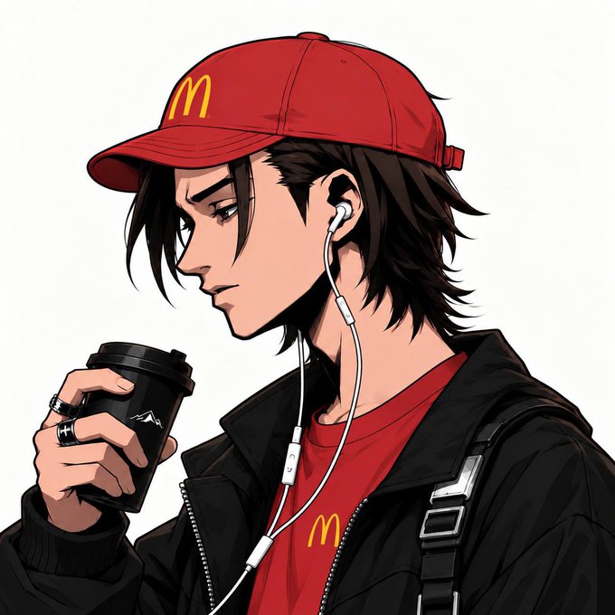 An anime-style illustration of a young man wearing a red McDonald's cap and matching red shirt under a black jacket, holding a coffee cup and wearing earphones.
