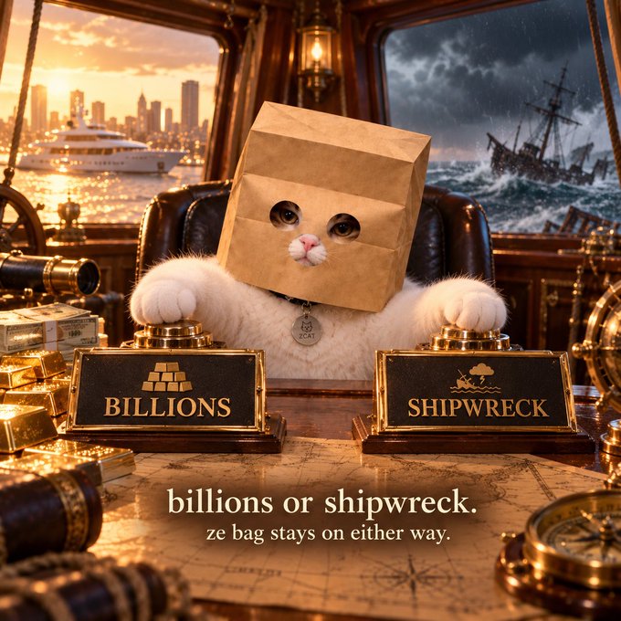 A white cat with a brown paper bag over its head sits at a ship's captain's desk between signs reading 'BILLIONS' and 'SHIPWRECK', with text below stating 'billions or shipwreck. ze bag stays on either way.'