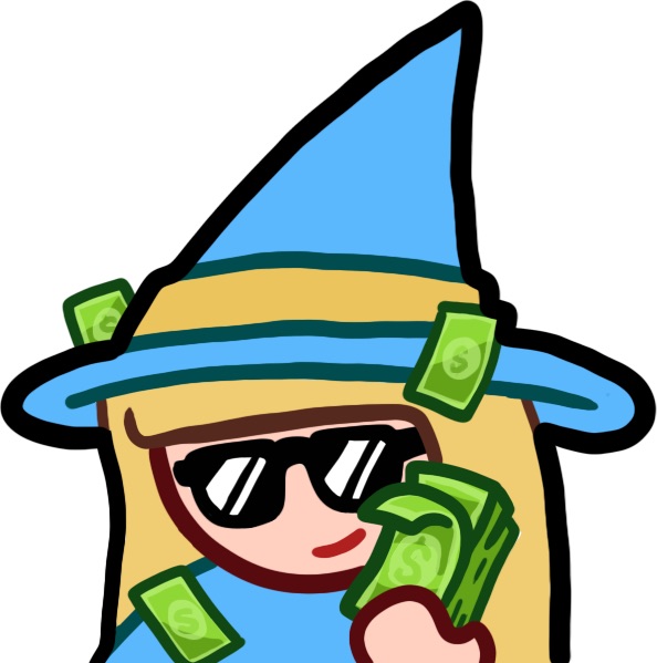 A cartoon character wearing a blue wizard hat, sunglasses, and a blue robe holds cash and has money attached to their hat.