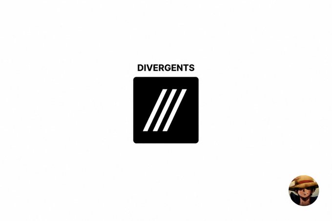 A minimalist black square logo with three white diagonal lines, labeled 'DIVERGENTS' above it, with a small circular profile picture in the bottom right corner.