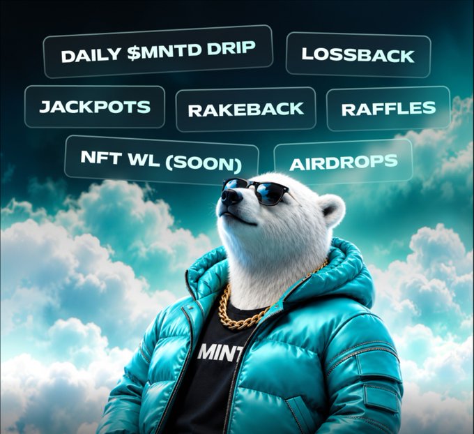 A promotional graphic featuring a white bear wearing sunglasses and a teal puffer jacket with a 'MINT' shirt, surrounded by cloud imagery and crypto promotion text including 'DAILY $MNTD DRIP', 'LOSSBACK', 'JACKPOTS', 'RAKEBACK', 'RAFFLES', 'NFT WL (SOON)', and 'AIRDROPS'.