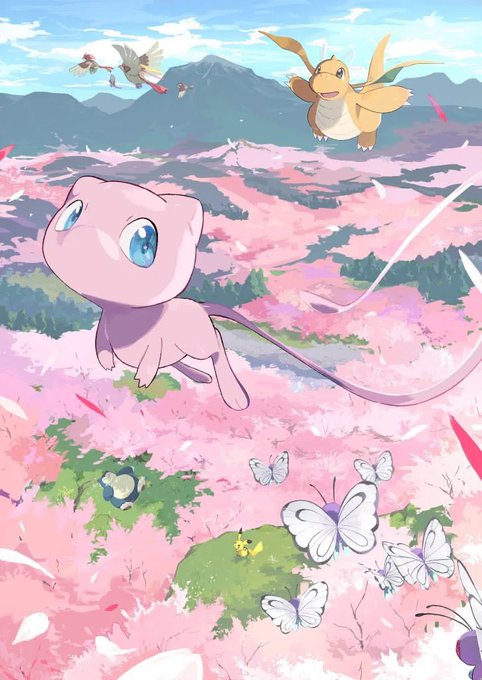 An anime-style illustration of Pokémon including Mew and Dragonite flying over a pink cherry blossom landscape with mountains in the background, accompanied by butterflies and a Poké Ball.