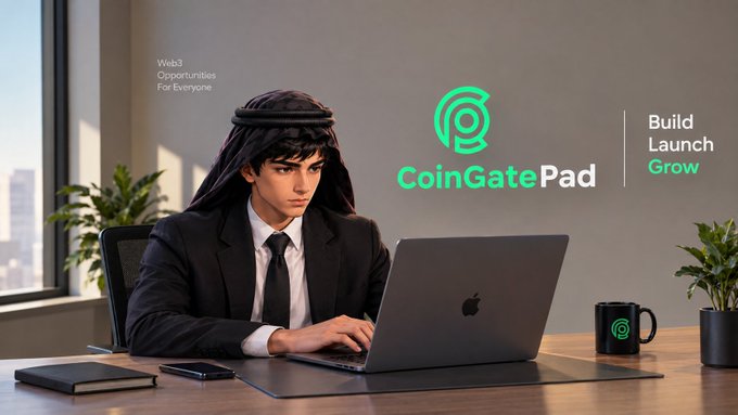 An AI-generated advertisement featuring a man wearing traditional Arab headdress (keffiyeh and agal) and a suit working on a laptop, with the logo and text 'CoinGatePad | Web3 Opportunities For Everyone | Build Launch Grow'.