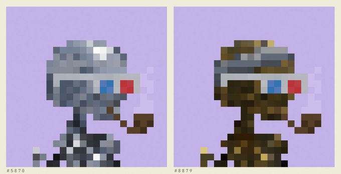 Two pixel-art character sprites (#8870 and #8879) depicting 3D-style figures wearing 3D glasses, one in silver armor and the other in brown.