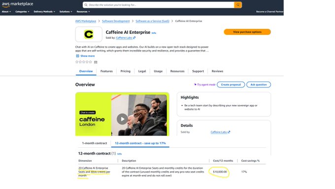 The image shows the AWS Marketplace listing for "Caffeine AI Enterprise," with a yellow-highlighted $10,000.00 price tag for a 12-month contract (20 seats and 4000 credits per month, at $1,000/17% savings), matching the social media post's announcement of Caffeine AI's availability on AWS Marketplace and its pricing tiers.