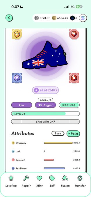 Mobile app screen displaying an 'Epic' rarity 'Jogger' sneaker NFT with Australian flag design, level 24, showing attributes like Efficiency, Luck, Comfort, and Resilience.