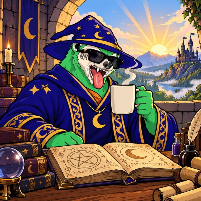 An illustrated cartoon of a green anthropomorphic character dressed as a wizard in blue robes and a star-patterned hat, wearing sunglasses and drinking from a mug while sitting at a desk with an open spell book and a castle in the background.