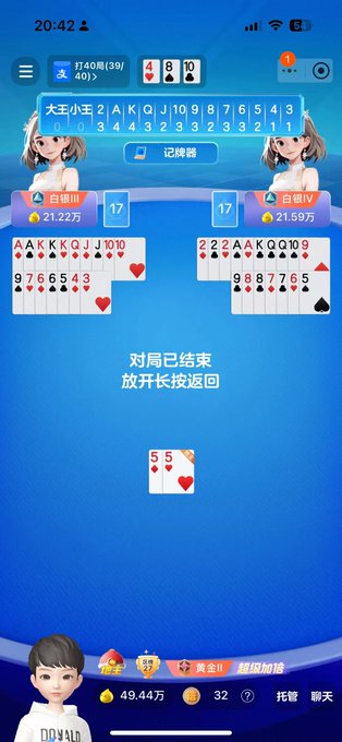 A Chinese card game interface showing the end of a match with '对局已结束 放开长按返回' (Match ended, press and hold to return), featuring two players '白銀W' and '白銀IV' with scores of 17 each.