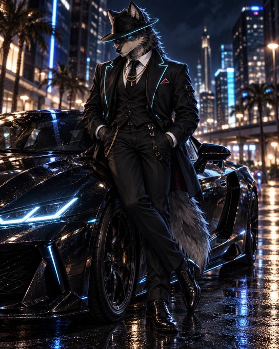 An anthropomorphic wolf in a sharp black suit and fedora leans confidently against a sleek black sports car in a neon-lit nighttime cityscape, exuding luxury and ambition. The image's polished, upward-trending vibe visually reinforces the post's message of $PACK's steady green candles and patient, community-driven long-term growth.