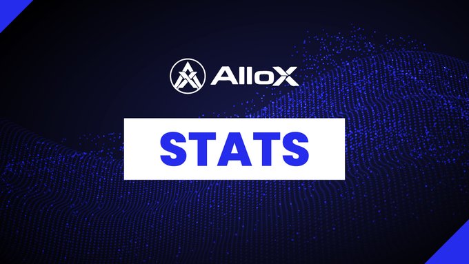 A dark blue promotional graphic displays the 'AlloX' logo above a white banner reading 'STATS' against a particle wave background.