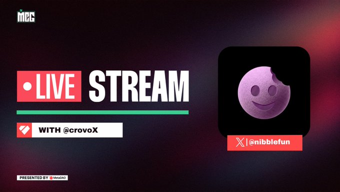 A live stream announcement graphic from MGC featuring @crovoX, with a purple smiley face emoji app icon and the X handle @nibblefun.