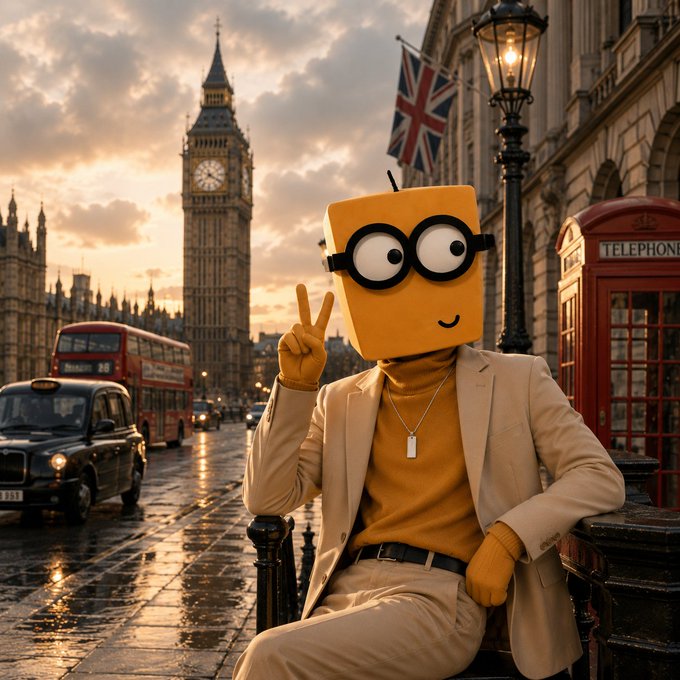 This image was taken in London, England, where the England team is said to have another winning week. It features a man wearing yellow framing on his head in the form of a large box, wearing a beige suit, making a "peace" sign in with his right hand and while grinning. His left hand is holding an earpiece, to which a bright yellow case is attached, in his left hand.